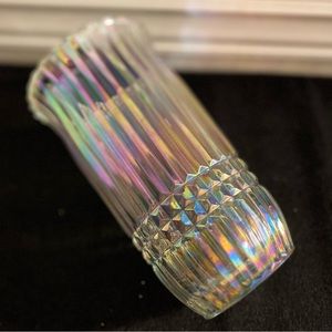 Vintage FTDA Crystal Glass Vase Iridescent USA 1986. Clear ribbed flower vase.